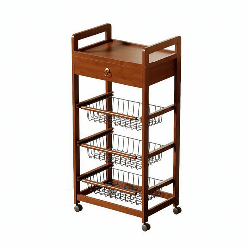 Rolling Kitchen Rack with Baskets Space-Saving Wire Storage Rack Multifunctional Storage Cart with Wooden Tabletop for Pantry