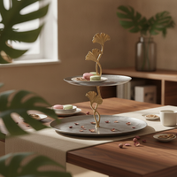 Two-Tier Tray Stand Stainless Steel Serving Stand,with Ginkgo Leaf Elegant Platter for Hosts