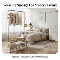 Heavy Duty Garment Rack with Wheels Silent Casters Metal Clothing Rack with Shelf Large Capacity Wheeled Clothes Hanging Stand Side Hooks for Students, Homeowners, Bedroom, Dormitory, Dorm Room, Apartment