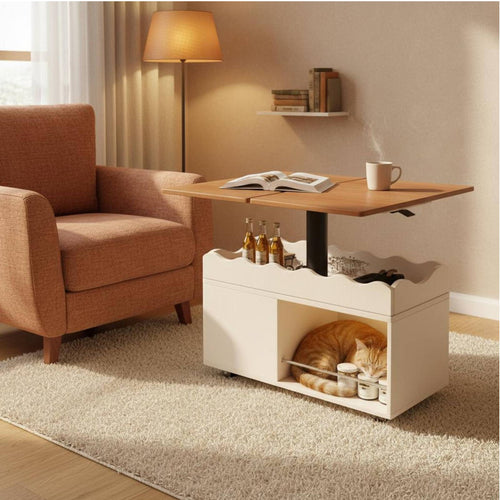Rolling elevatingTop End Table with Pet Condo Space-Saving Indoor feline House