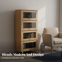 Bookcase Display Cabinet Freestanding Bookshelf Multi-layer Storage Cabinet with Solid Wood Frame Transparent Glass Doors Flip-up Door Storage Suitable for Living Room Bedroom Home Workspace