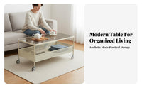 2-Tier Glass Top Tea Table With casters Mobile Storage Space-Saving for Renters
