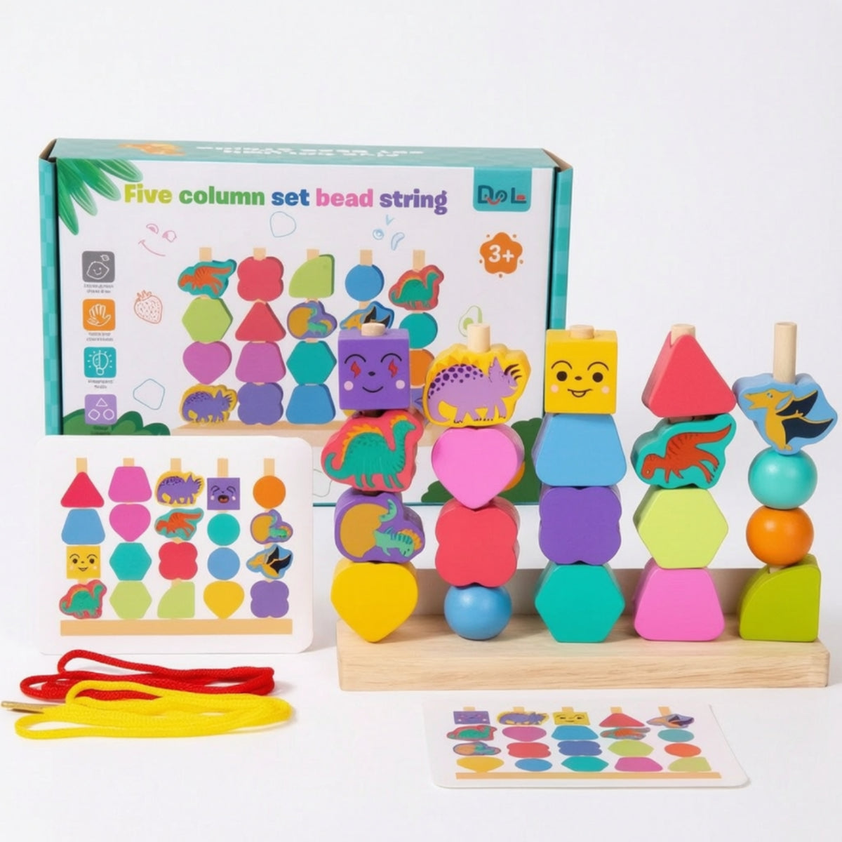 Educational Wooden Sorting and Lacing Toy Fine Motor Matching Shape Stacker Geometric Shape Sorter with Cards Multifunctional for Toddlers, Preschoolers, Playroom, Homeschool, Classroom