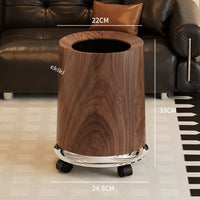 Walnut Wood Grain Trash Can with Wheels, 12L, ABS