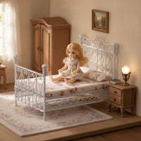 Metal Dollhouse Bed with Mattress Vintage Style Furniture Realistic for Diorama