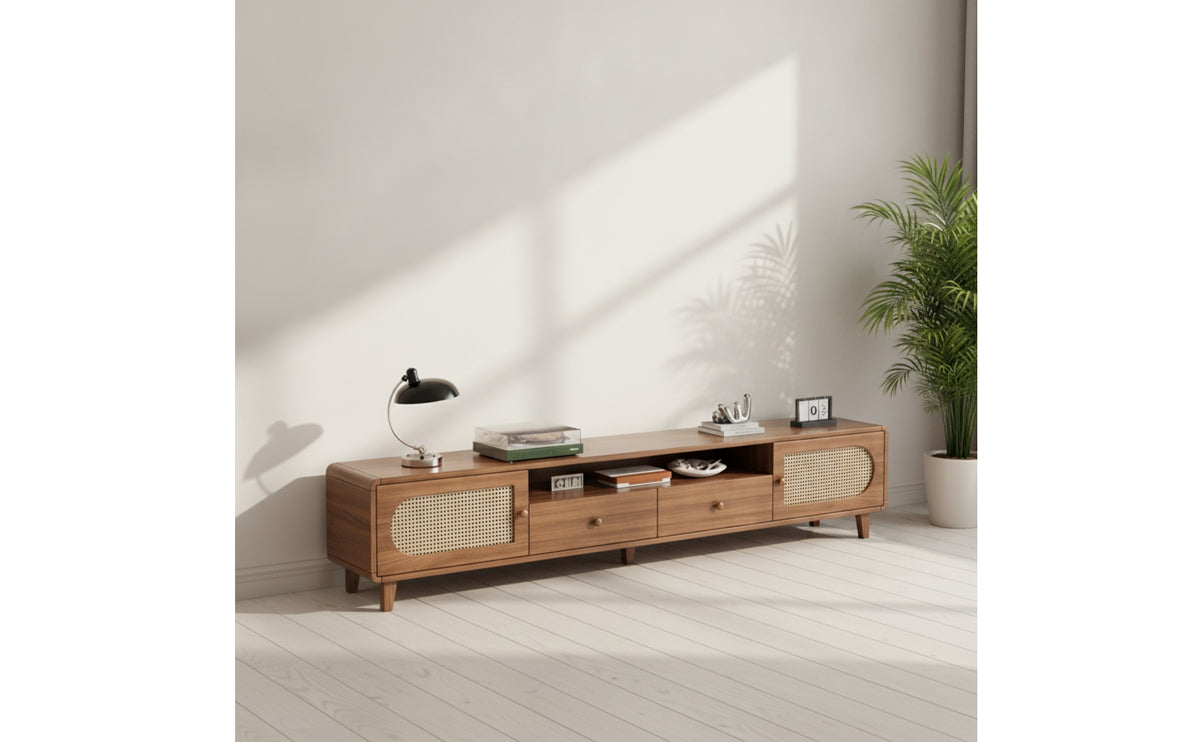 Wood-Grain Slimline TV Cabinet with Storage Eco-Friendly Low-Profile Entertainment Center Retro Entertainment Center with Storage Natural for Small Apartments