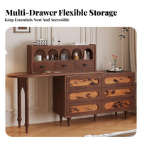 Extendable Dressing Table with Side Cabinet Vintage design Makeup Desk Integrated Storage Large Round Mirror for Walk-in Closet