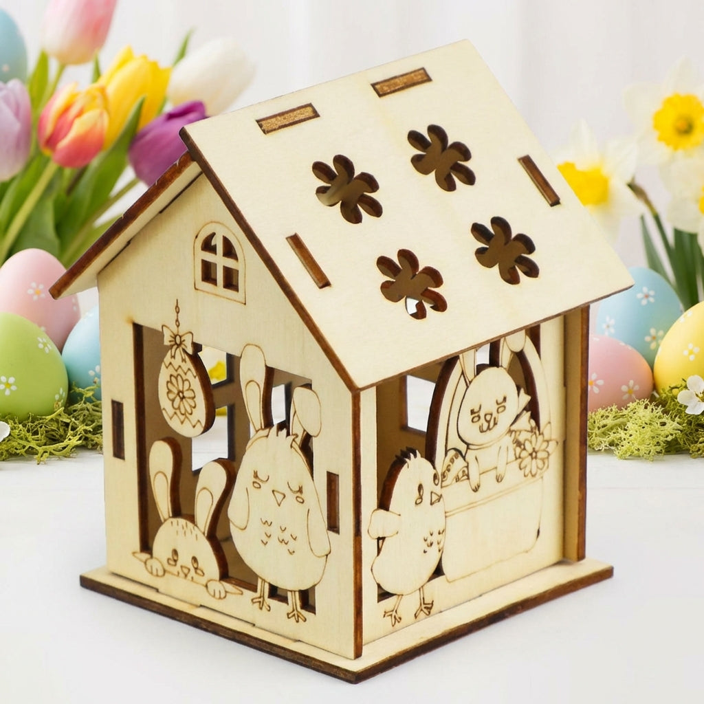 8 Sets DIY Wooden Easter House Kit, Assembly 3D Puzzles with Bunny Chick Egg Design, Unfinished Wood Craft Model for Children Family Arts and Crafts Home Decoration