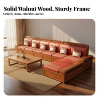 Solid Wood Storage Sofa Four-Season Use Chinese Design Couch Set Dense Foam Walnut Sectional Couch for Families, Adults, Home Entertainment Space