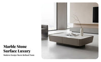 Italian Minimalist Design Square Stone-Top Coffee Table with Drawers Saddle Leather Wrapped Living Room Furniture scuff Resistant Multi-Functional for Homeowners, Interior Designers, Renters, Lounge Area, Home Office