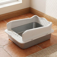 Stainless Steel Cat Toilet Litter Tray, Semi-Enclosed Litter Pan for Big Cats, Odor Control Indoor Home for Pets, Never Absorbs, 50x35cm Size