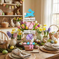 Easter Bunny Table Decor Nordic Design Wooden Easter Figurine Hand-Painted Wooden Bunny Sign for Children, Families, Tabletop, Bookshelf, Living Room