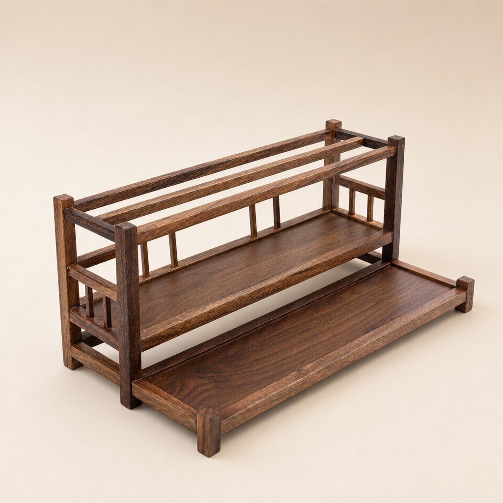 Walnut Wood Three-Tier Tea Set Shelf with Chinese Style