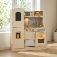 Wooden Play Kitchen Lighted Toy Kitchen with Refrigerator Interactive Cocina Infantil Juguete for Playroom
