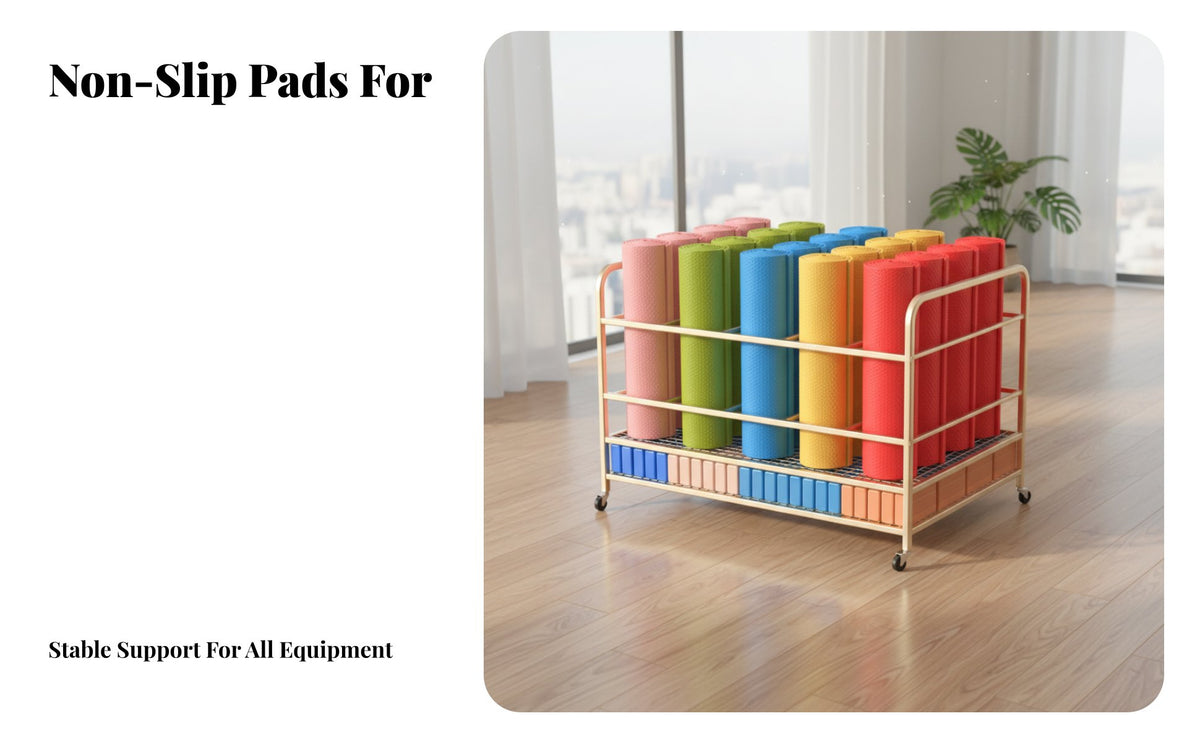 Large Capacity Exercise Mat Storage Rack Heavy Duty Foam Roller Holder Space-Saving Multi-Tier Exercise Mat Stand Modern Design for Gym Owners