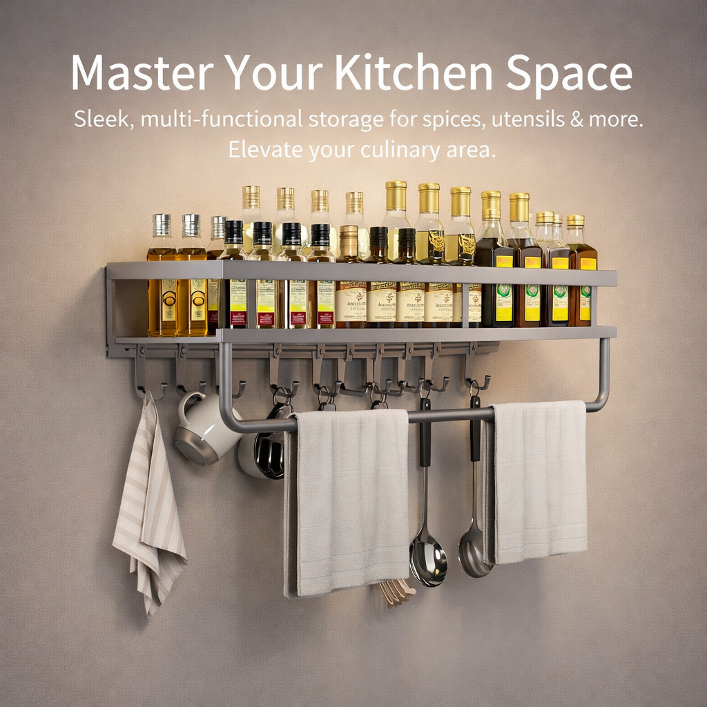 Wall Mount Rack for Utensil Storage, Durable Spice Made of Metal, Space Aluminum Kitchen Organizer with Adhesive Setup