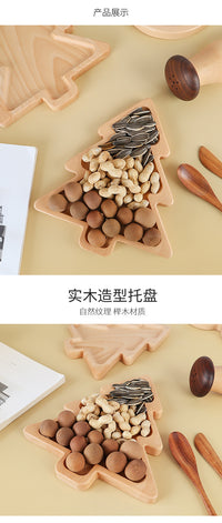 Simple Wooden Tray with Cartoon Christmas Tree Design, Beech Snack Plate