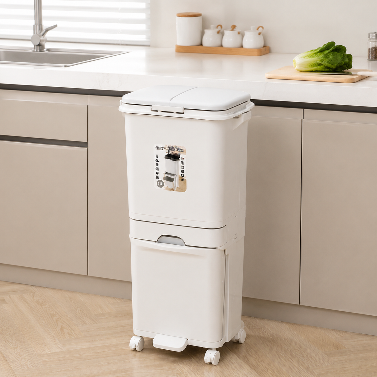 Trash Can, Dust Box, Stylish, Slim, Pedal-Operated, White, 2-Compartment, With Lid