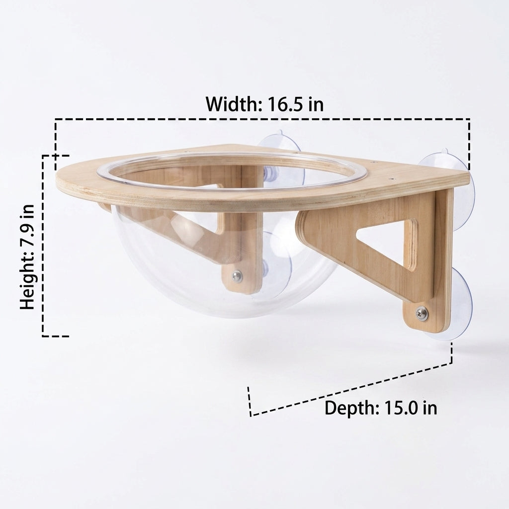 Cat Window Perch with Clear Acrylic Bowl, Solid Wood Window Bed and Hammock for Indoor Use, Fixed Mount No Drill Space Saving Cat Furniture