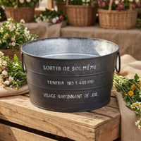 Rustic Metal Flower Pot Printed French Text Tapered Planter Bucket Side Handles