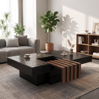 Sliding Surface Coffee Table Marble-Textured Coffee Table with Storage Rectangular for Living Room