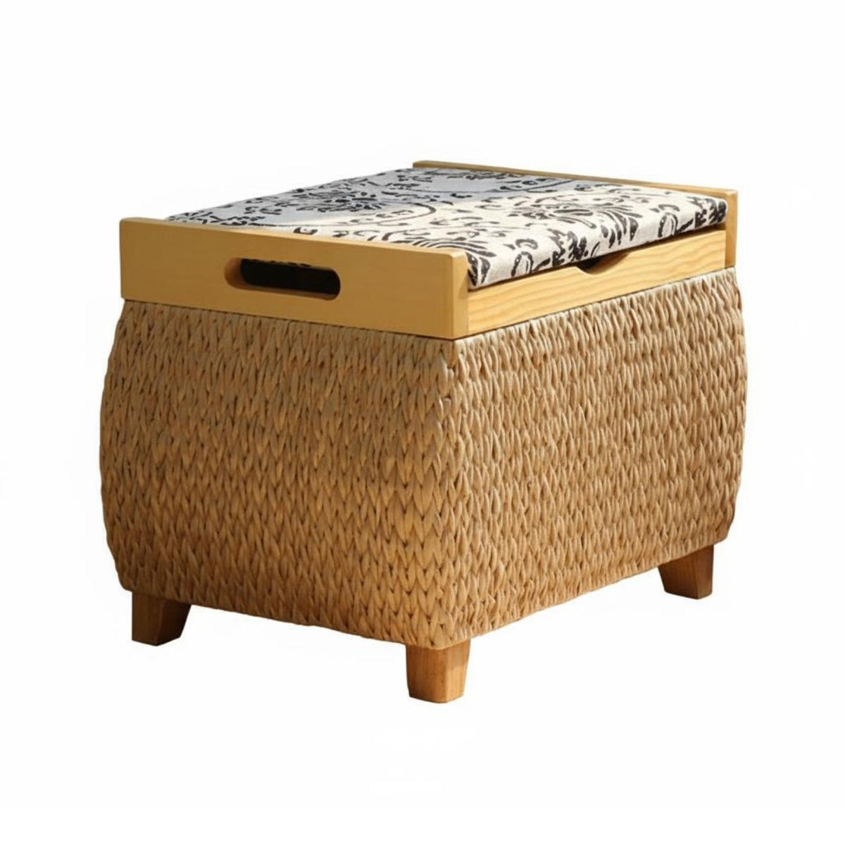 Woven Storage Ottoman With Removable Lid Round Lidded Storage Pouf Space-Saving