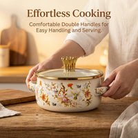 Enamel Soup Pot Set with Double Handles, Flat Bottom Cooking Pots for Soups Stews, Floral Pattern Enamelware Pot Set 3 Pieces with Glass Lids