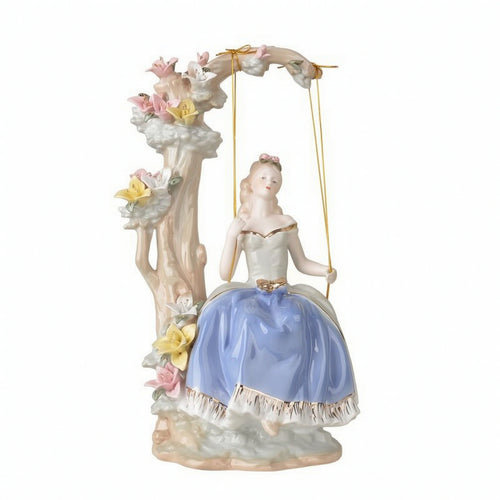 Girl on Swing Figurine Handmade Figurine with Flower Tree Glazed for Vanity
