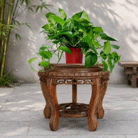 Antique Look Carved Wooden Tray Stand Heavy Duty Round Wood Stand Wooden Display Riser for Living Room, Garden