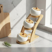 Ceramic Condiment Jar Set Dustproof Ceramic Seasoning Container Set Easy to Clean Seasoning Jars with Bamboo Lids for Dining Table