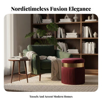 Round Tassel Footstool Nordic Style Upholstered Round Stool Breathable Textile Tasseled Vanity Seat for Bedroom