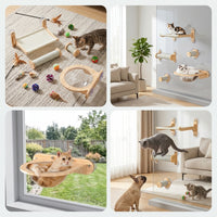 Cat Bed and Climbing Frame with Shelves and Perch, Wall Mounted Suction Cups Wood Furniture for Large Indoor Cats and Kittens Playing Climbing