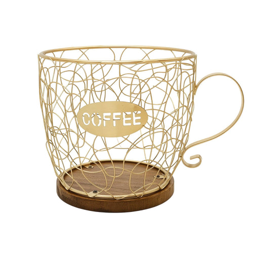 Coffee Cup Basket with Wooden Base Wire for Kitchen Counter