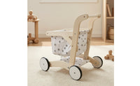Toy Pram with Textile Basket Pretend Play Doll Stroller Wooden Toy Cart Sturdy Kids Shopping Cart Roomy for Toddlers, Playroom