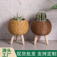 室内仿藤编花架三角支架花盆桌面创意多肉收纳容器办公室草编盆