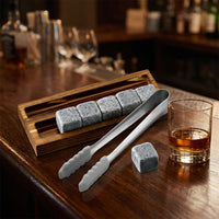 Gift for Him Whisky Stones Gift Set with 9 Chilling Stones, Bar Accessories with Silicone Ice Clip Set, Granite Rocks Reusable, Wood Barware