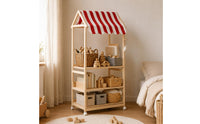 Striped Awning Children's Book and Toy Organizer Natural Wood House-Style Shelf Freestanding Children's Toy Rack Accessible Design