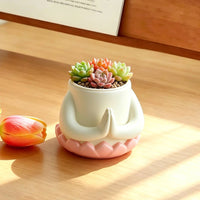 Sculptural Lotus Planter Nature-Inspired Planter with Hands Decorative Lotus Flower Pot Ceramic-Style for Windowsill, Desk, Shelf