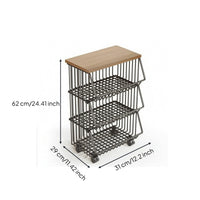 Kitchen Storage Cart with Wood Top Floor-Standing Rolling Cart with Wire Baskets Modern for Apartment