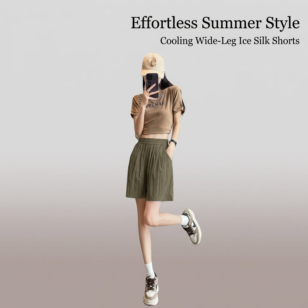 Shorts for Women Knee Length with Pockets, Loose Fit Loungewear in Ice Silk Polyester Material, Plus Size Summer Vacation Cropped Style