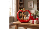 Gold-Toned Deer Figurine in Apple Frame Glossy Deer Ornament Elegant Sculpture with Tassel Sculptural for TV Cabinet, Entryway, Living Room, Bookshelf