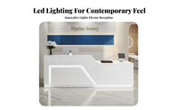 1 Piece White Reception Desk High-gloss Split-level Front Desk Sturdy Particleboard Construction Lockable Drawer Suitable for Salon Receptionists Boutique Retail Store Office Spa