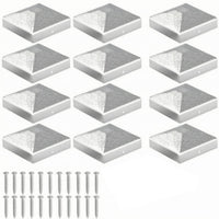 Galvanized Steel Square Fence Post Cap Deck Post Cover Fence Cap Sloped Top Faces Fence Post Topper Fence Hardware Silver Finish Screw Included Suitable for Outdoor Fence Protection Pathway Posts Porch Railings Public Spaces