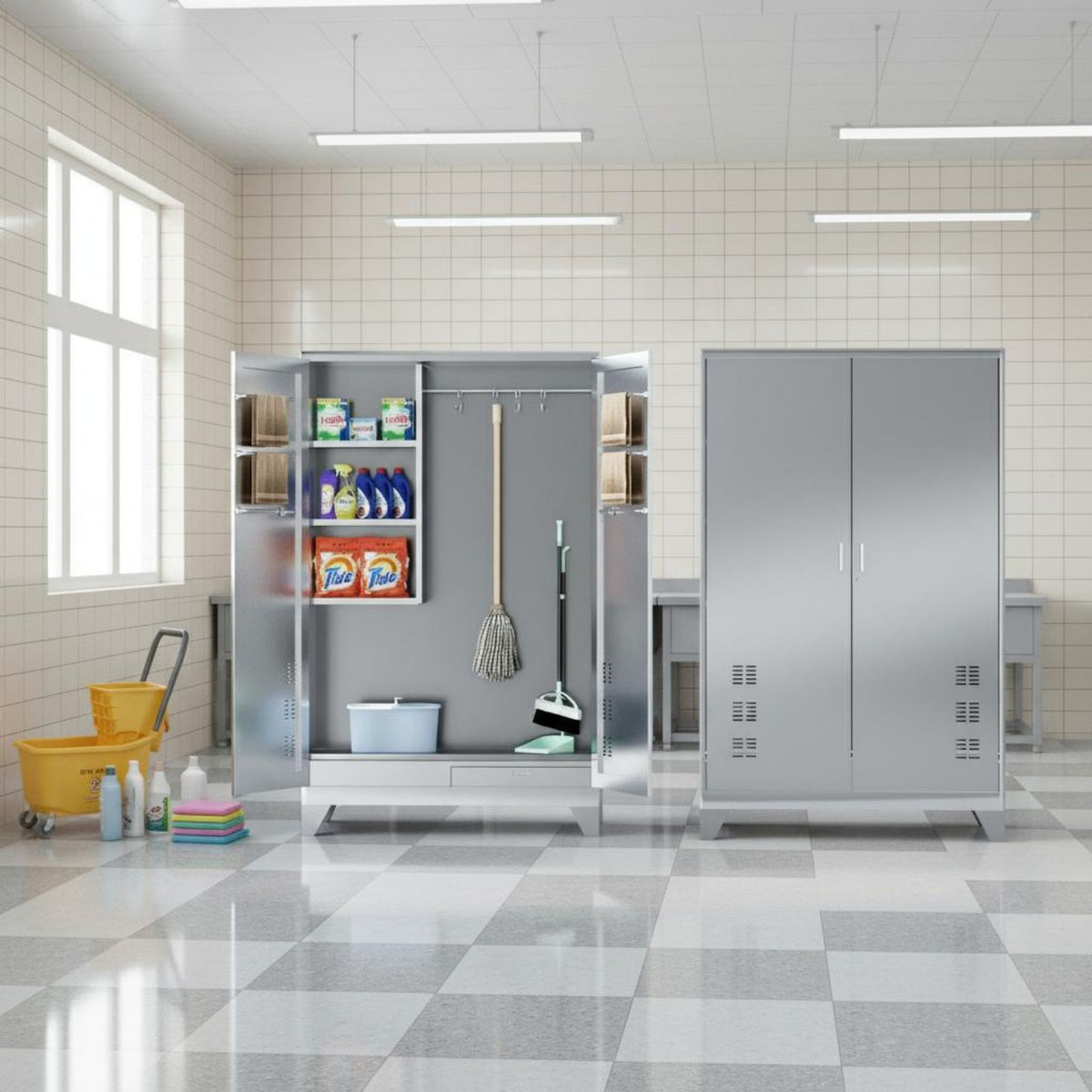 Stainless Steel Cleaning Cabinet Easy to Clean Mop and Broom Storage Cabinet Rustproof Mop and Broom Organizer for Janitors, School, Balcony, Basement