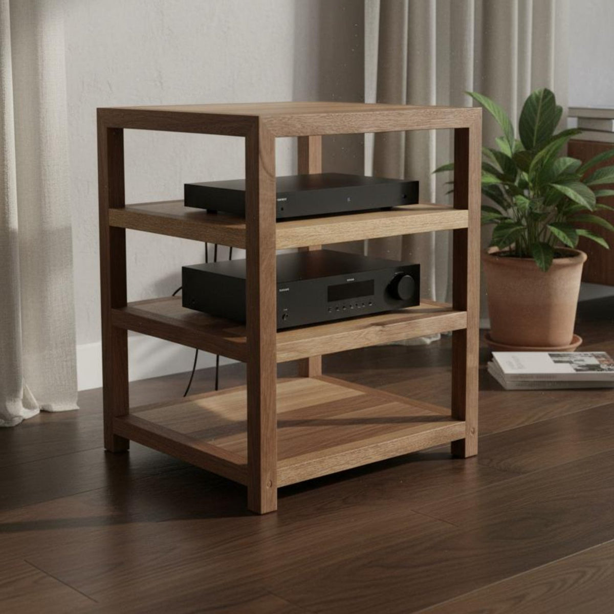 Solid Wood Audio Rack Sturdy Construction Walnut Stereo Cabinet Stable Load-Bearing Audiophile Equipment Rack for Home Theater, Listening Room