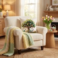 Easter Cushion Cover Linen Rabbit & Egg Tree Pattern, Decorative Throw Pillow Case with Invisible Zip, Farmhouse Spring Home Decoration for Sofa Couch Living Room Bedroom (45cm x 45cm)
