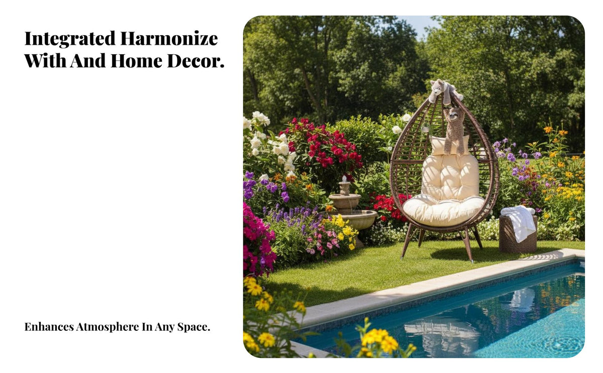 Resort Look Oval-Shaped Chair Woven Frame Convertible 2-Seater Sofa Comfortable Cushions Outdoor Furniture Weather-Resistant for Hotel Owners, Couples, Homeowners, Balcony, Garden, Poolside, Backyard