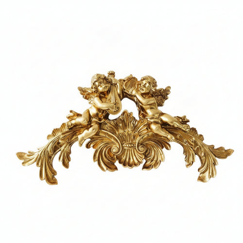 Resin Relief Wall Decoration Vintage Style Cherub Sculpture Metallic Finish Wall Ornament Ribbon Motif Suitable for Classic Interior Living Room Entryway