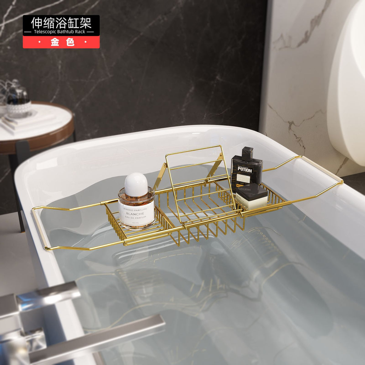 Adjustable Bathtub Caddy Tray with Tablet Stand, Stainless Steel, No-Drill Installation