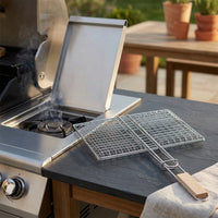 Stainless Steel Grill Basket with Wooden Handle Easy-Grip Cookware Portable Grills Reusable for Camping